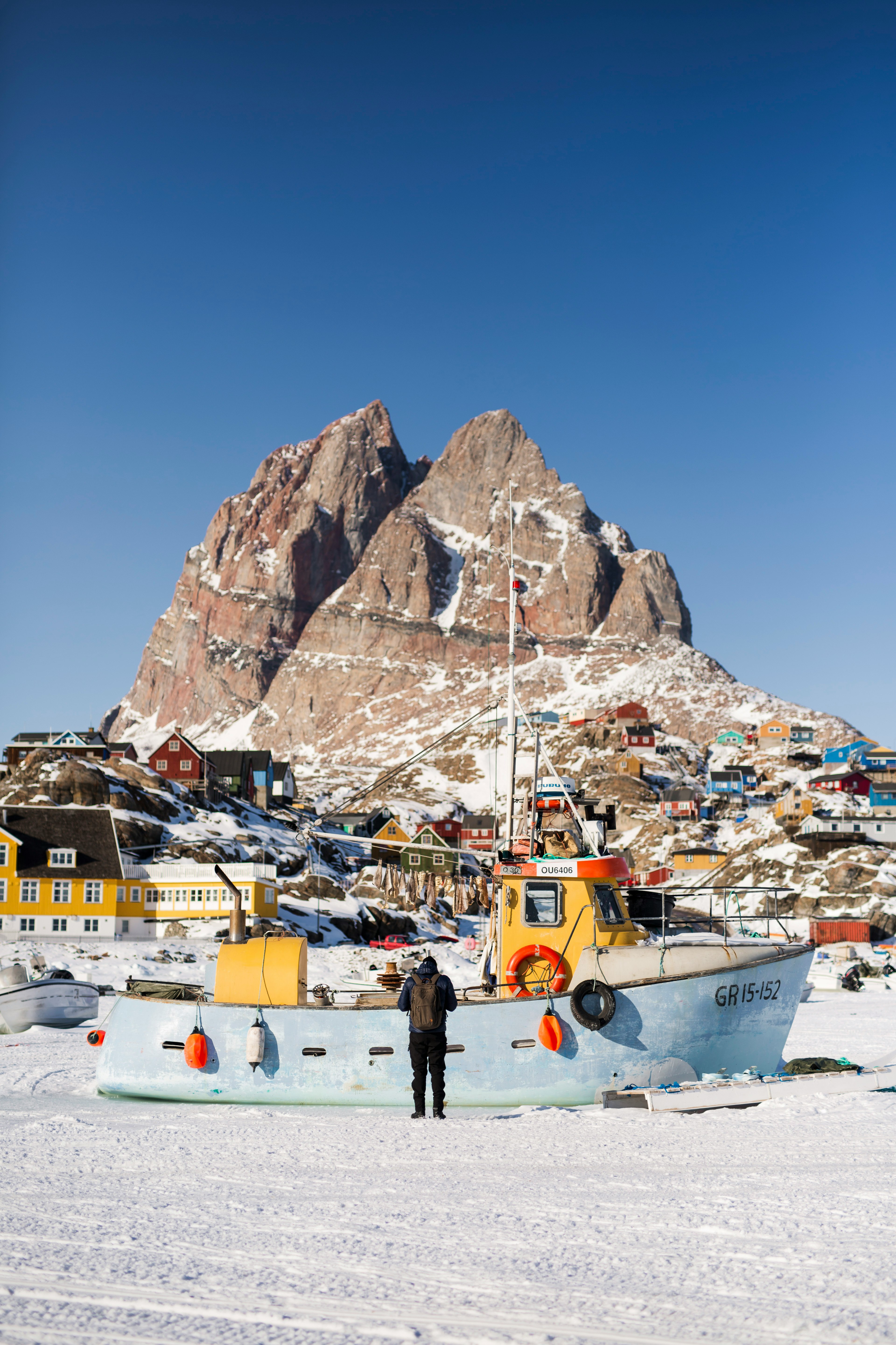 people standing on snow covered ground near brown and white mountain during daytime